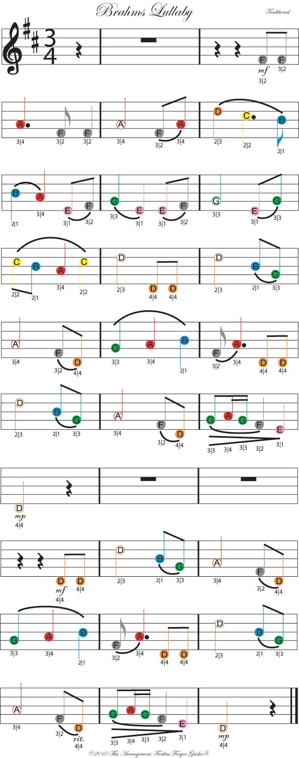 color coded free violin sheet music for brahms lullaby