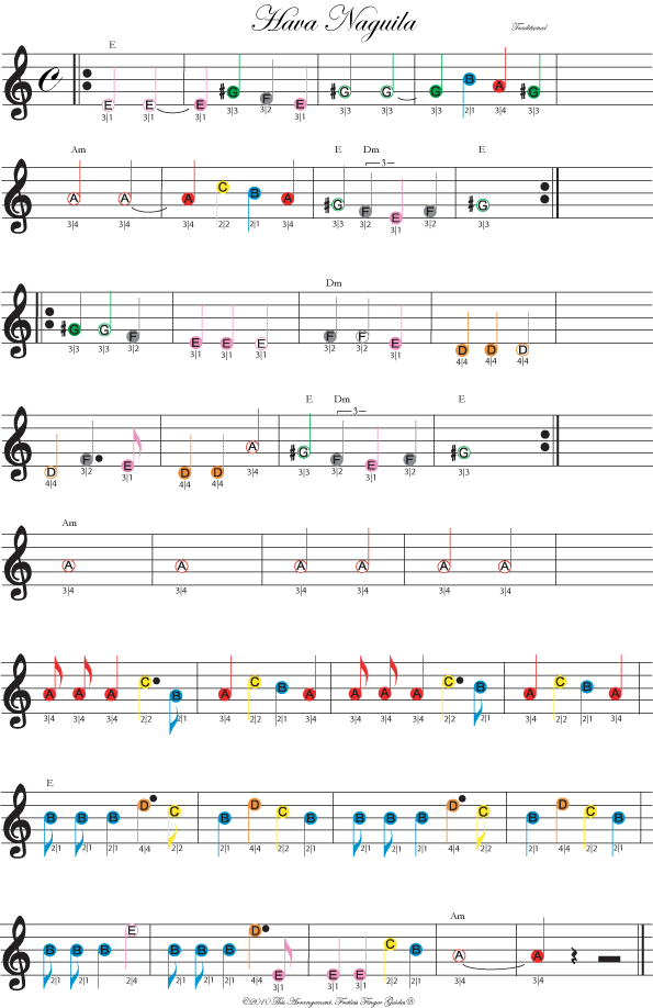 color coded free violin sheet music for hava naguila