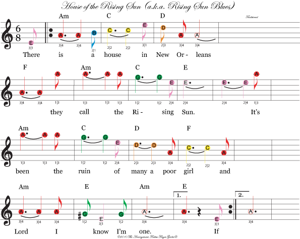 color coded free violin sheet music for house of the rising sun