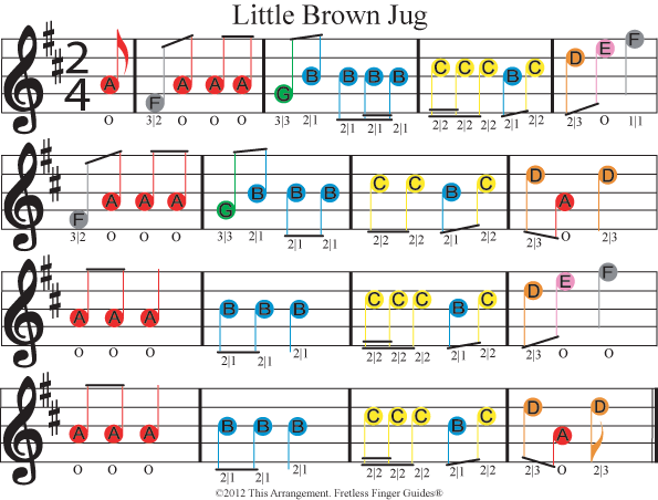 color coded free violin sheet music for little brown jug