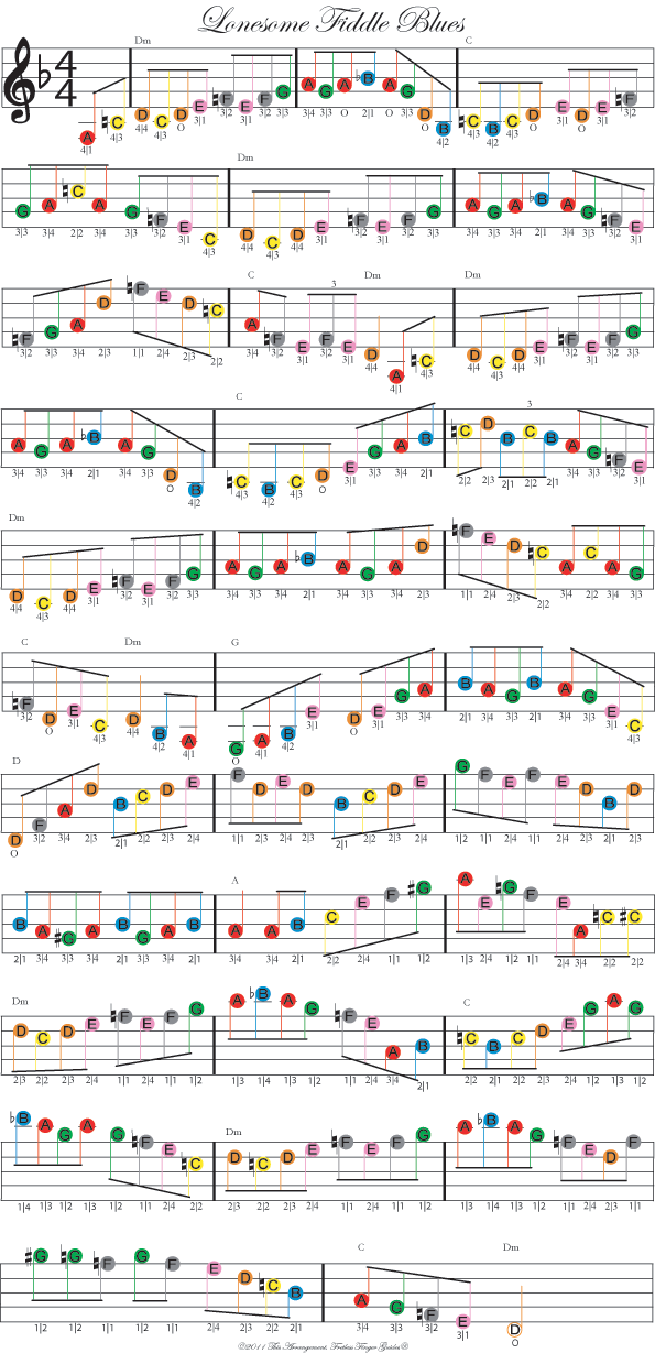 color coded free violin sheet music for lonesome fiddle blues