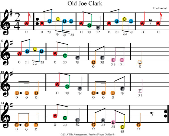 color coded beginner violin or fiddle sheet music for old joe clark