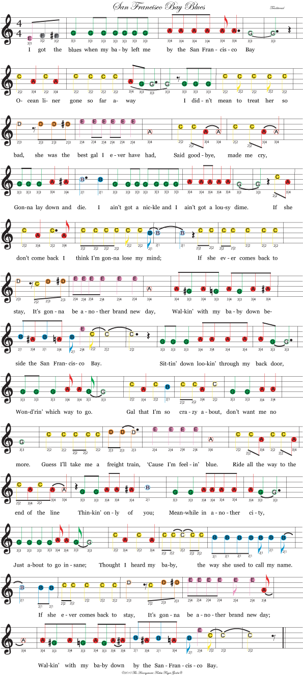 color coded free violin sheet music for san francisco bay blues