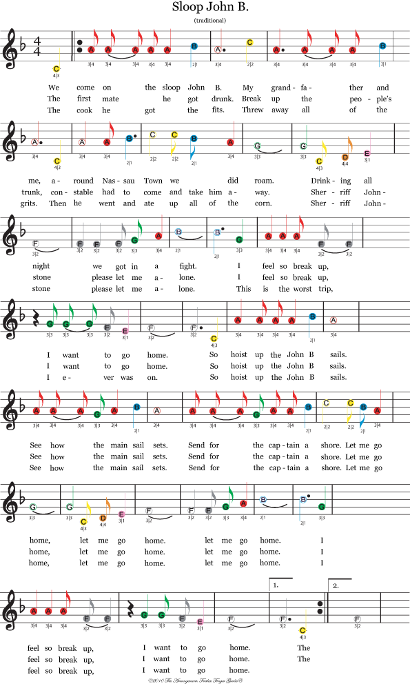 color coded free violin sheet music for sloop john b