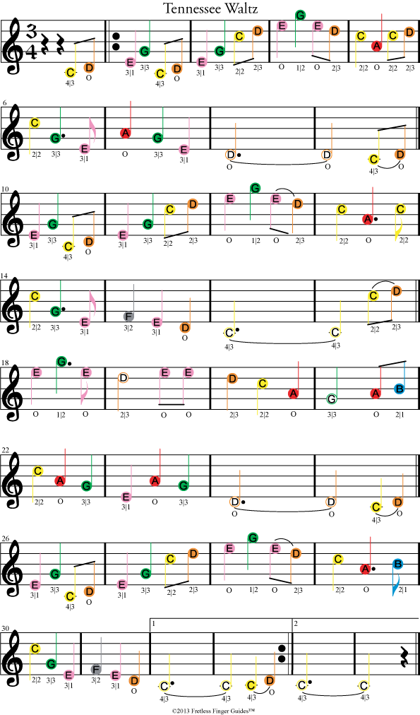 color coded violin sheet music for tennessee waltz