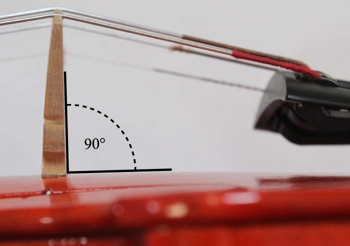image showing a properly positioned perpendicular bridge on a violin, fiddle, viola, cello or upright bass